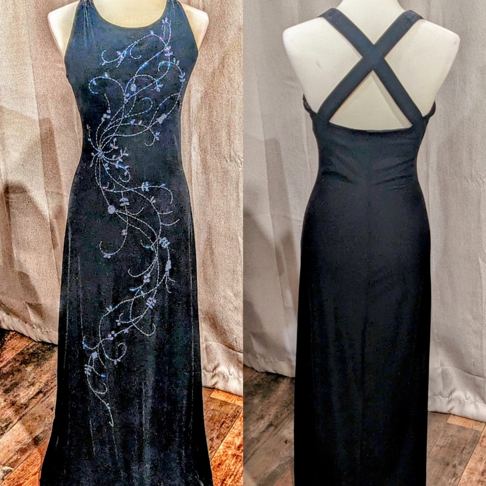 VNTG 90's Navy velvet w/blue floral beading  Ronni Nicole by Ouida dress size 12